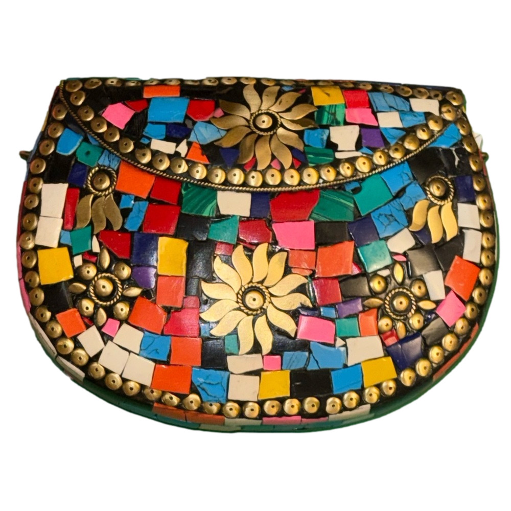 RAMLA Moroccan Handmade multicolor Mosaic Clutch with golden embossed flowers